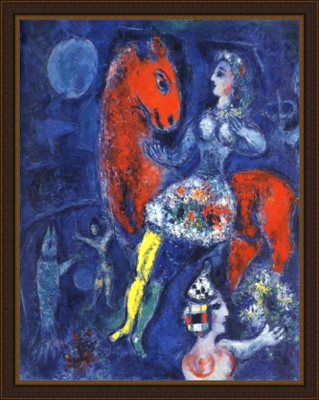 Framed Marc Chagall horsewoman on red horse painting