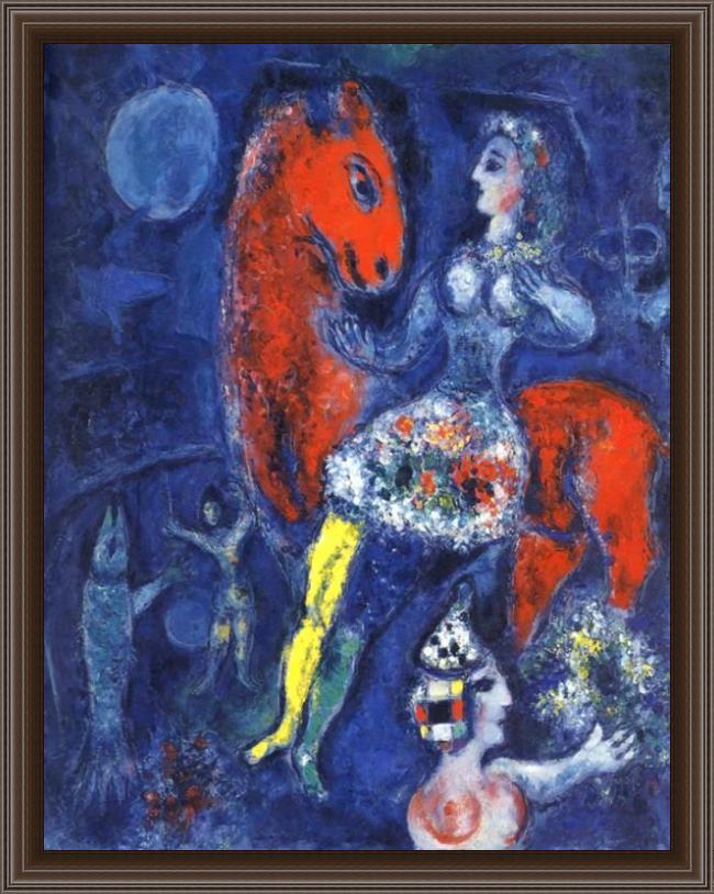 Framed Marc Chagall horsewoman on red horse painting