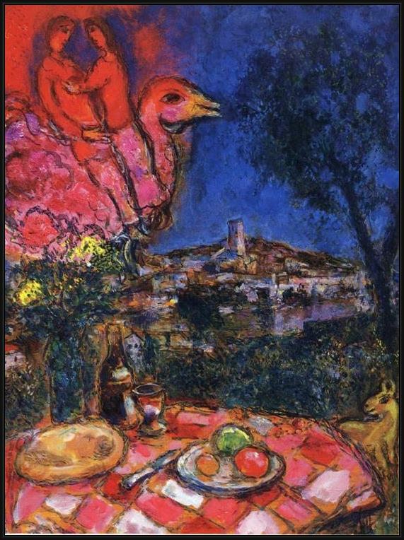 Framed Marc Chagall laid table with view of saint-paul de vance painting