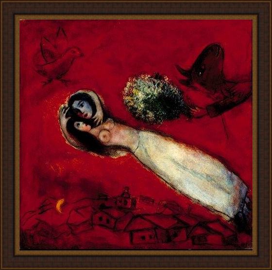 Framed Marc Chagall lovers in the red sky painting