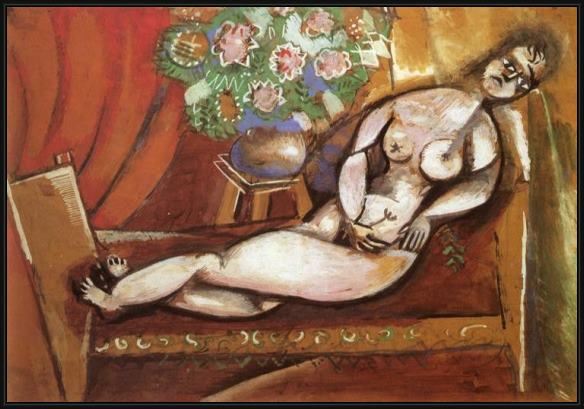Framed Marc Chagall reclining nude painting