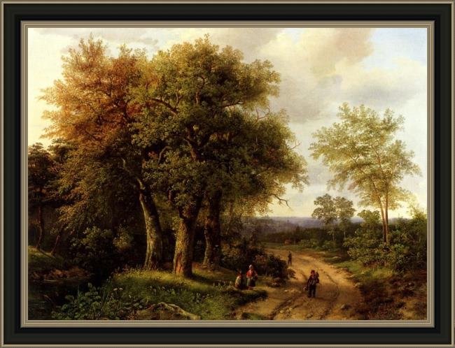 Framed Marianus Adrianus Koekkoek travellers resting on a wooded path painting