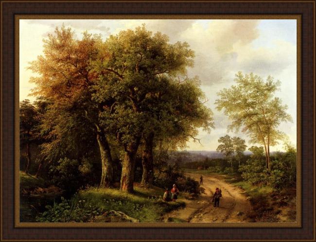 Framed Marianus Adrianus Koekkoek travellers resting on a wooded path painting