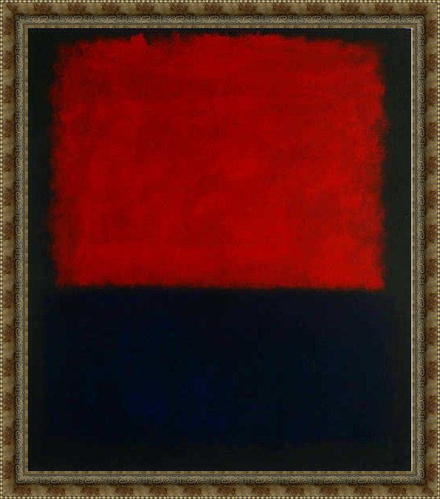 Framed Mark Rothko red over dark blue on dark gray painting