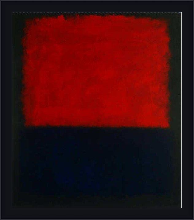 Framed Mark Rothko red over dark blue on dark gray painting