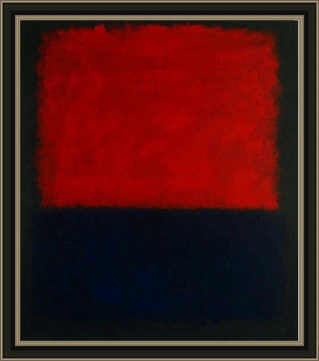 Framed Mark Rothko red over dark blue on dark gray painting