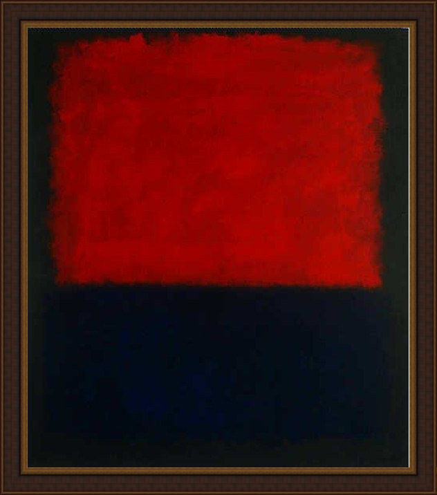 Framed Mark Rothko red over dark blue on dark gray painting