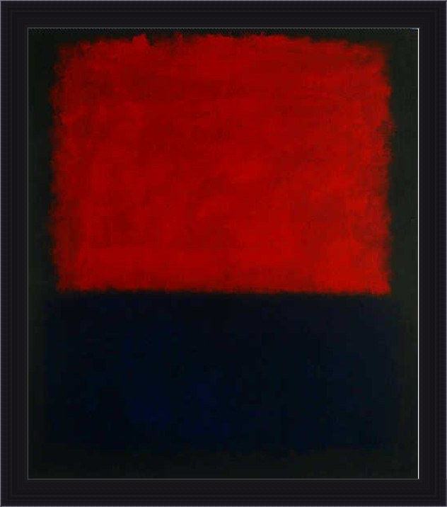 Framed Mark Rothko red over dark blue on dark gray painting