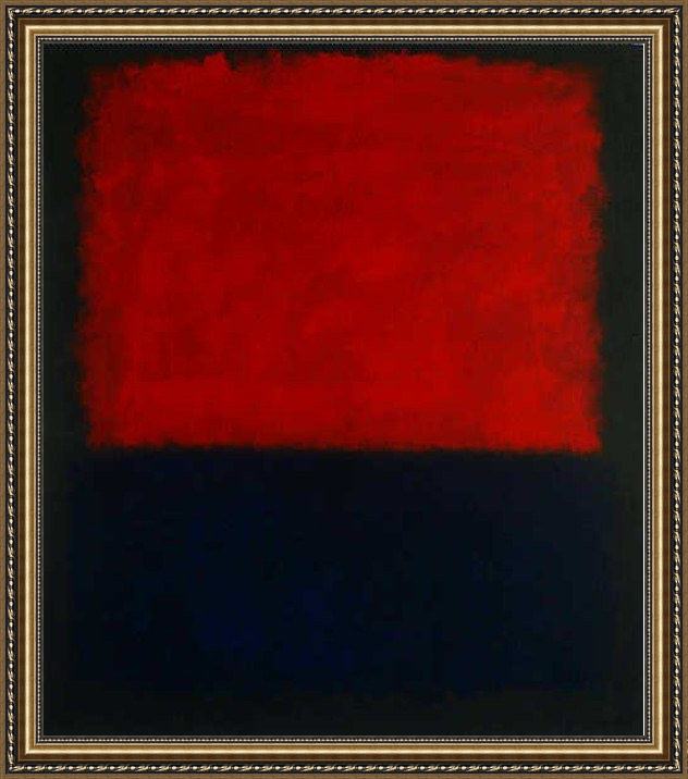 Framed Mark Rothko red over dark blue on dark gray painting