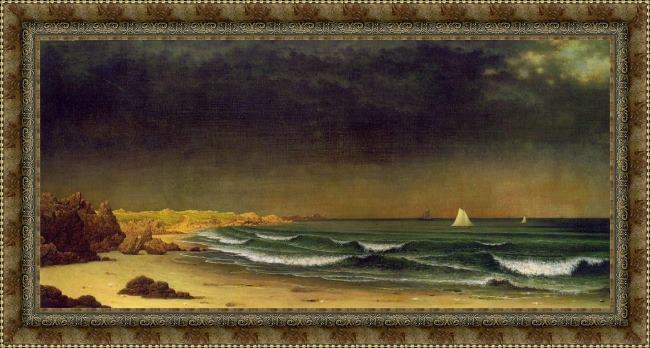 Framed Martin Johnson Heade approaching storm beach near newport painting