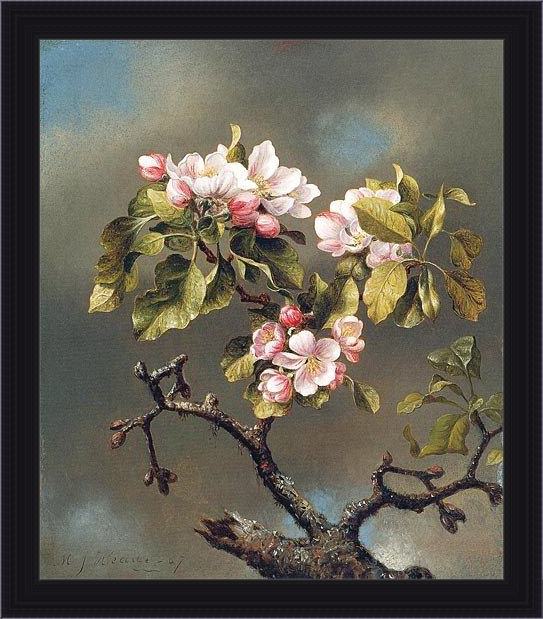 Framed Martin Johnson Heade branch of apple blossoms against a cloudy sky painting