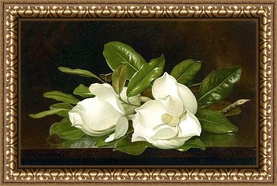 Framed Martin Johnson Heade magnolias on a wooden table painting