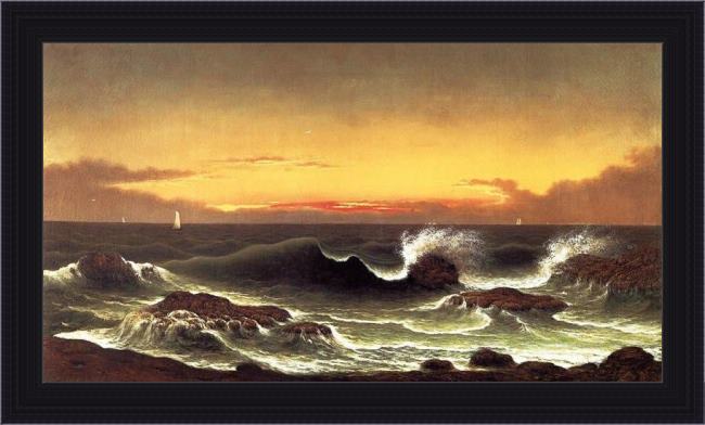 Framed Martin Johnson Heade seascape, sunrise painting