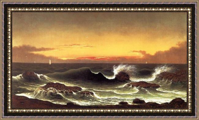 Framed Martin Johnson Heade seascape, sunrise painting