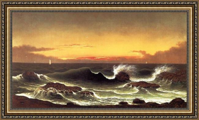 Framed Martin Johnson Heade seascape, sunrise painting