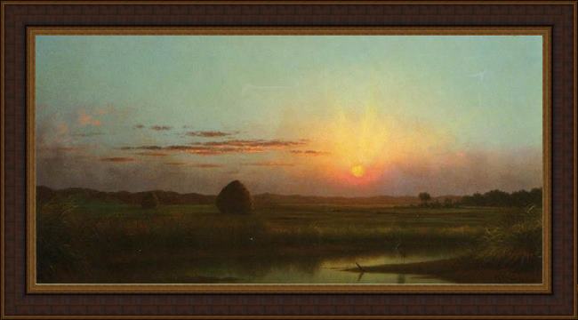 Framed Martin Johnson Heade sunset over the marsh painting