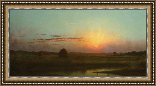 Framed Martin Johnson Heade sunset over the marsh painting