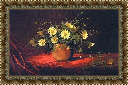 Framed Martin Johnson Heade yellow daisies in a bowl painting