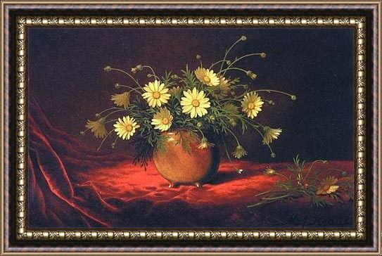Framed Martin Johnson Heade yellow daisies in a bowl painting