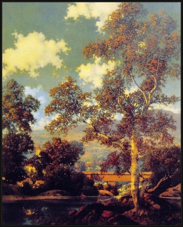 Framed Maxfield Parrish early autumn white birch painting