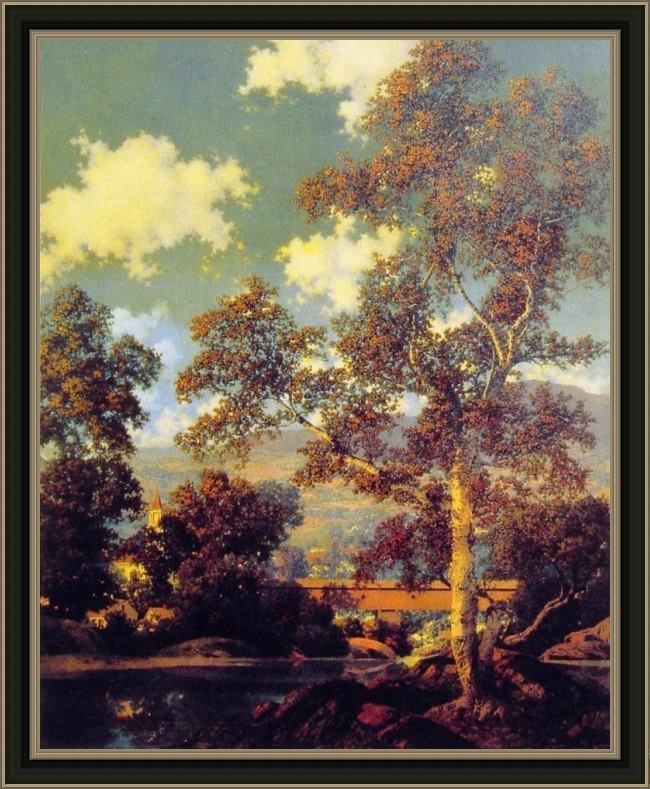 Framed Maxfield Parrish early autumn white birch painting
