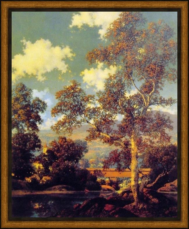 Framed Maxfield Parrish early autumn white birch painting