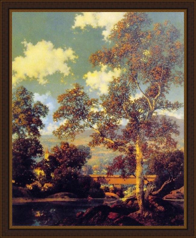Framed Maxfield Parrish early autumn white birch painting