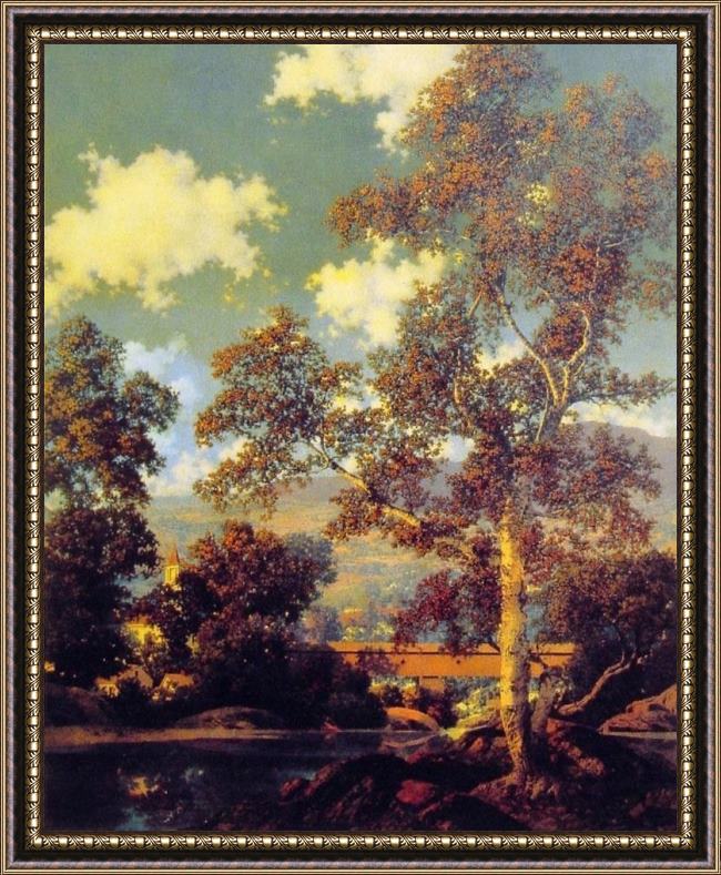 Framed Maxfield Parrish early autumn white birch painting