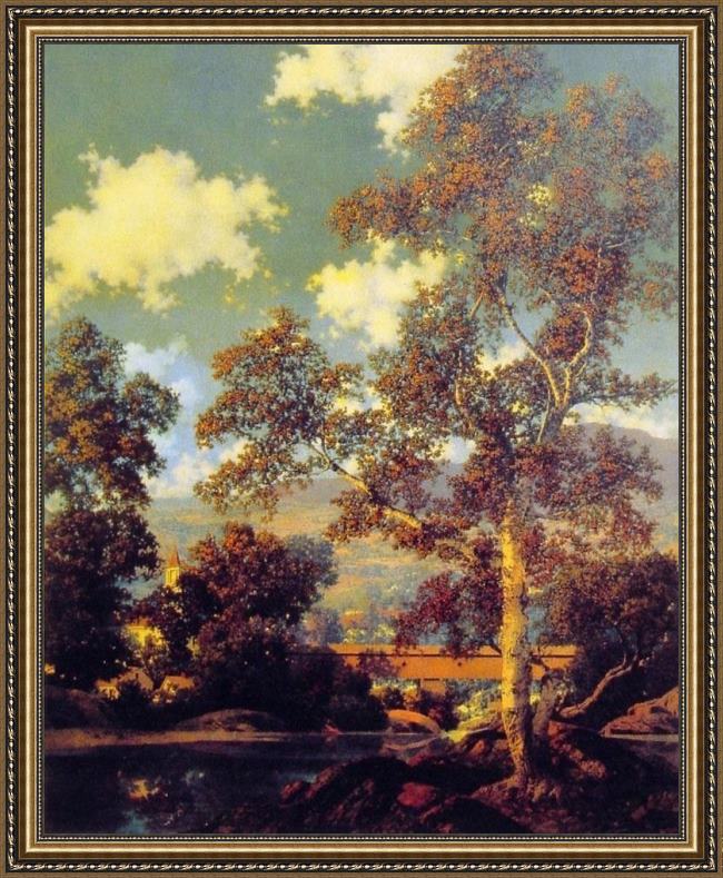 Framed Maxfield Parrish early autumn white birch painting