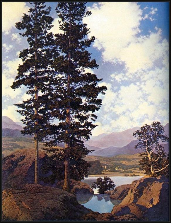 Framed Maxfield Parrish thy templed hills painting