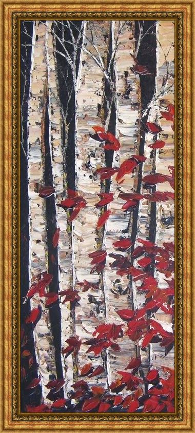 Framed Maya Eventov birch cluster at dusk painting