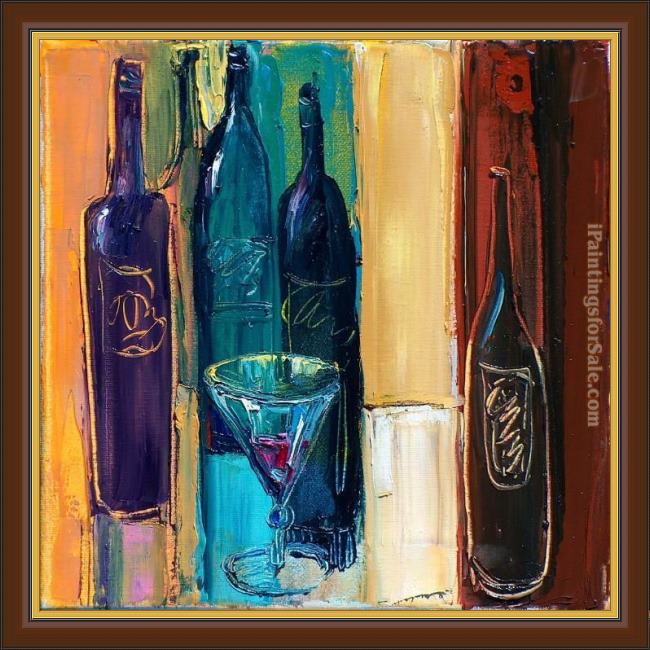 Framed Maya Green wine bottles painting
