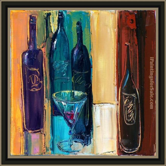 Framed Maya Green wine bottles painting