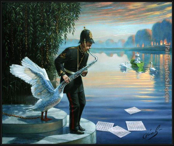 Framed Michael Cheval swansophone elegy painting