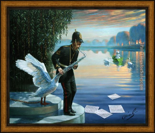 Framed Michael Cheval swansophone elegy painting