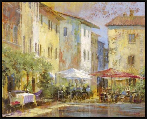 Framed Michael Longo courtyard cafe painting