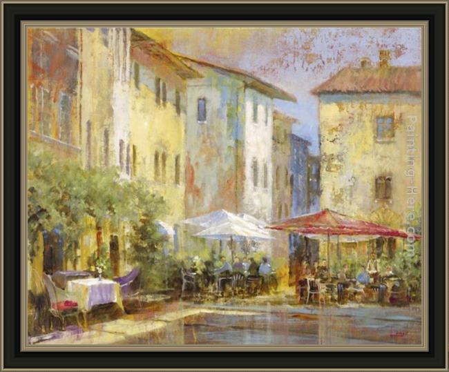 Framed Michael Longo courtyard cafe painting