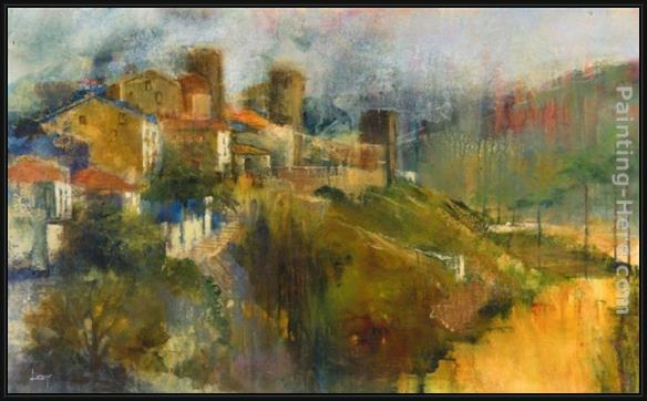 Framed Michael Longo hillside town painting