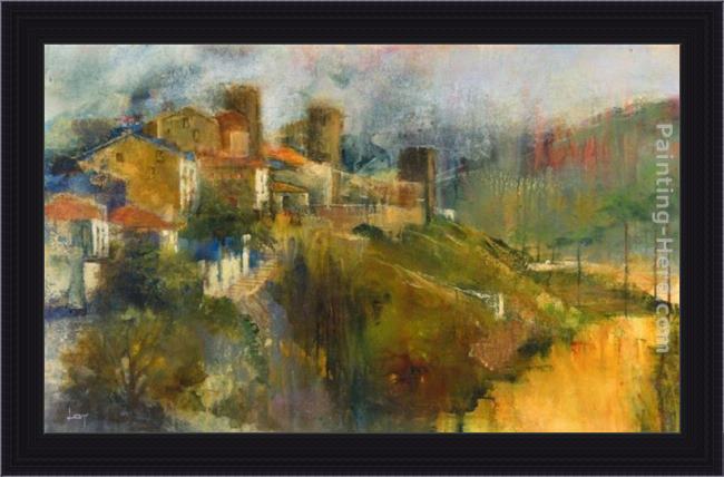 Framed Michael Longo hillside town painting