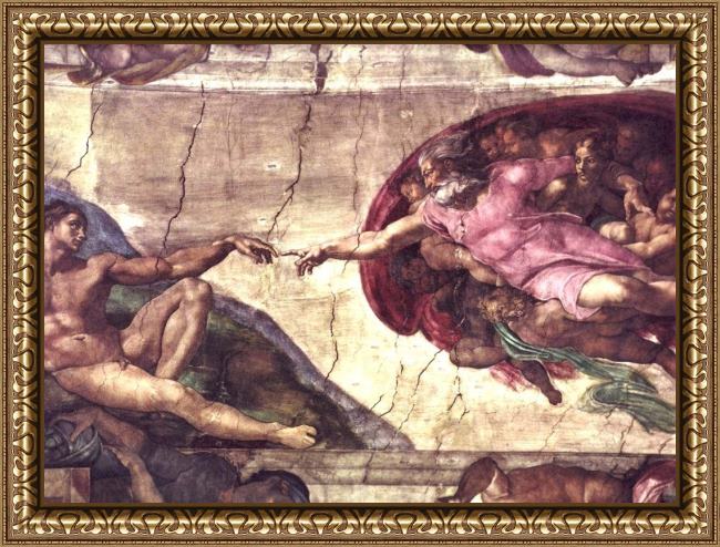Framed Michelangelo Buonarroti creation of adam detail painting