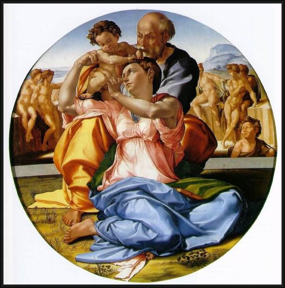 Framed Michelangelo Buonarroti the holy family with the infant john the baptist painting