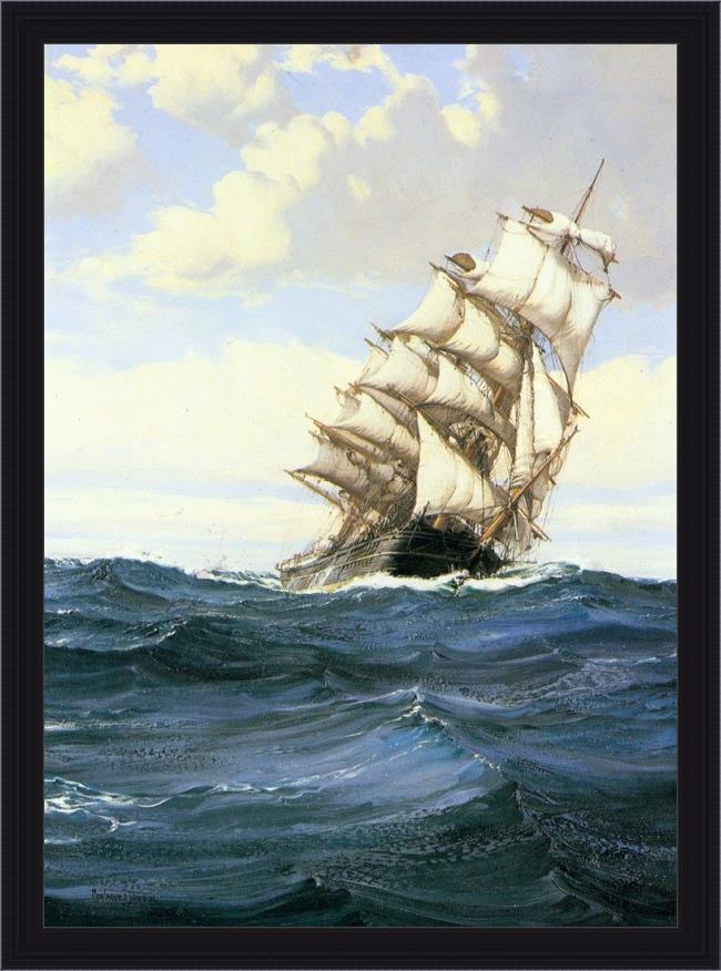Framed Montague Dawson a cloudy day painting