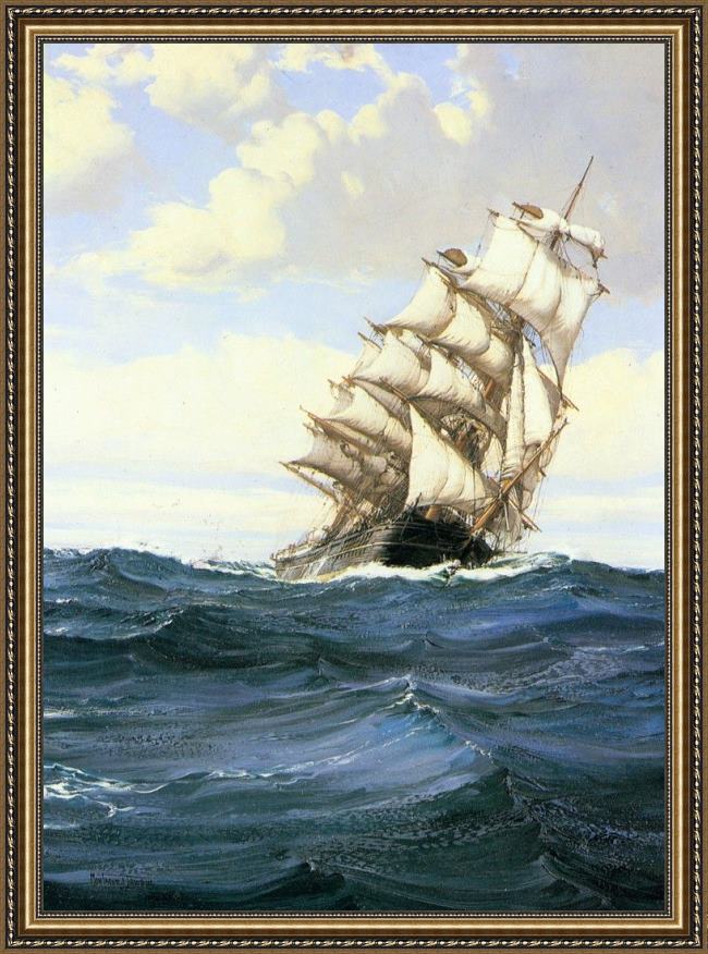 Framed Montague Dawson a cloudy day painting