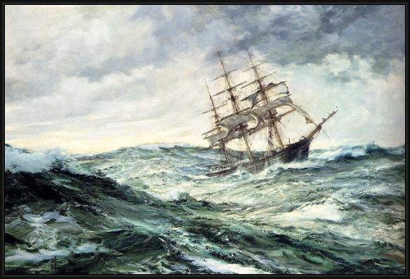 Framed Montague Dawson a ship in stormy seas painting