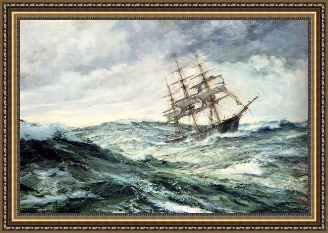 Framed Montague Dawson a ship in stormy seas painting