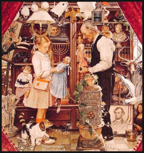 Framed Norman Rockwell april fool girl with shopkeeper painting