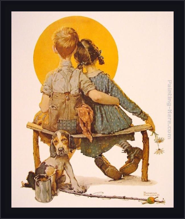 Framed Norman Rockwell boy and girl gazing at the moon painting
