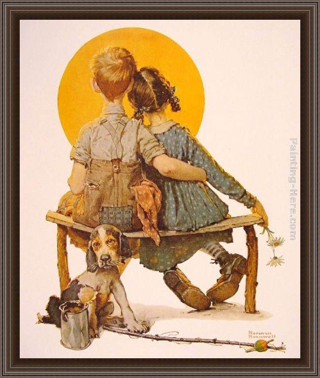 Framed Norman Rockwell boy and girl gazing at the moon painting