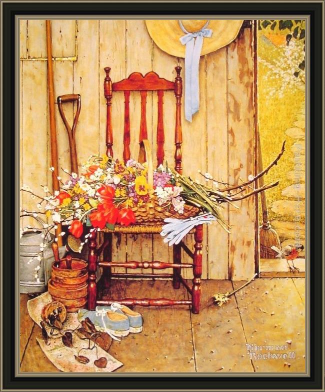 Framed Norman Rockwell spring flowers painting