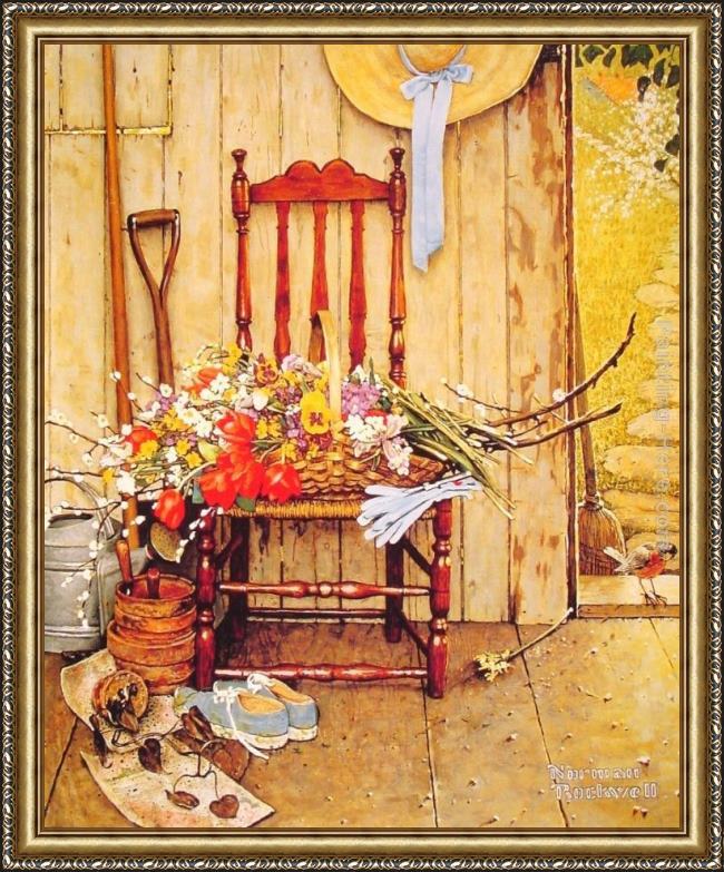 Framed Norman Rockwell spring flowers painting